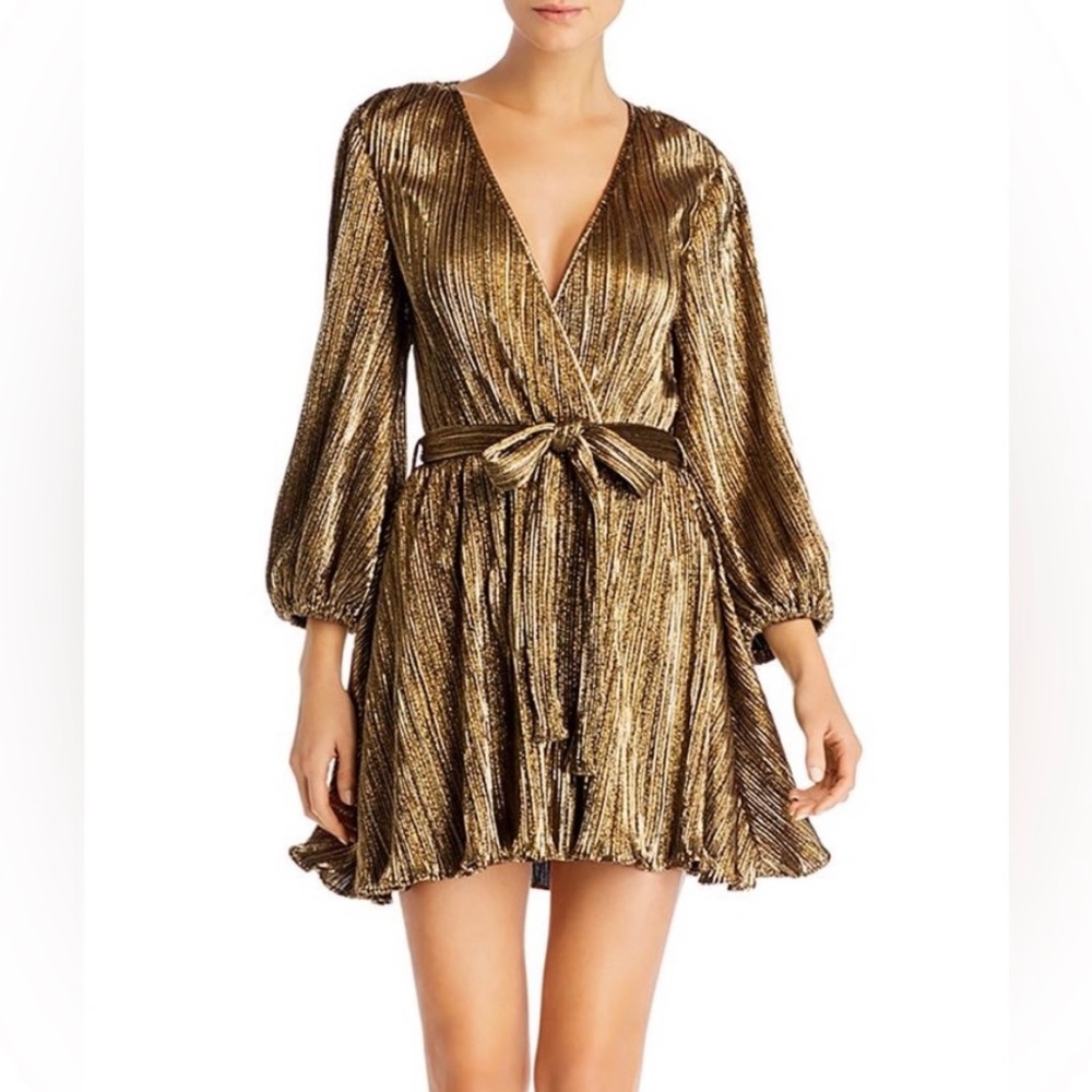 NWT Bardot gold metallic low cut flowy date party feminine holiday mini dress XS